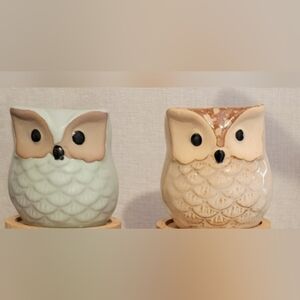 2 Small Owl Planters w/Saucers-Holes In Bottom Great for succulents Cute!